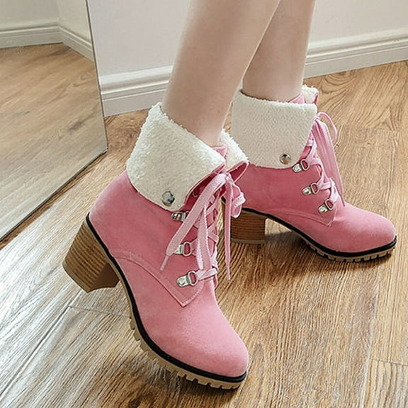 Fesfesfes Boots Women Shoes Solid Color Casual Fashion High Heels Wear-resistant Lace-up Pointed Warm Thick Fleece Suede Snow 9.5(43)
