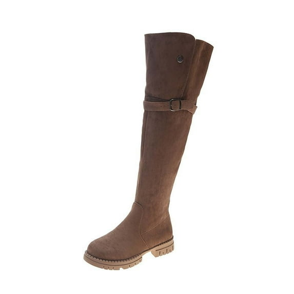 Fesfesfes Boots for Teen Girls Fashion Middle Heel Over-the-Knee Boots Metal Synthetic Belt Buckle Side Zipper Boots US:5.5(37)