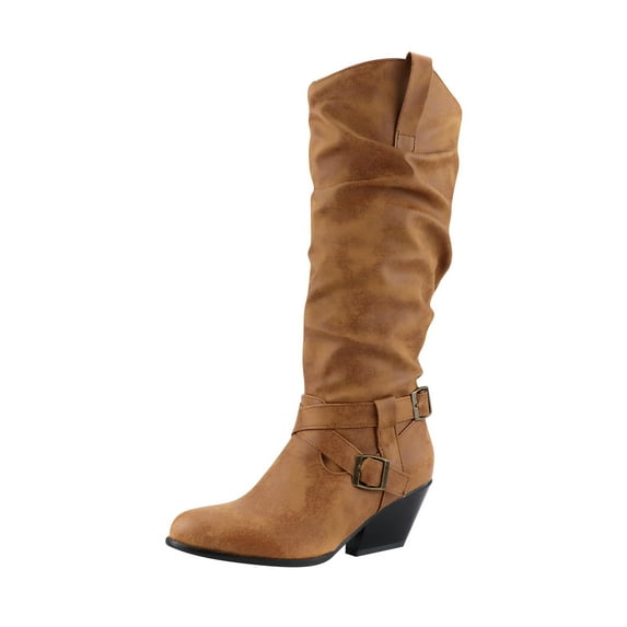 Fesfesfes Boots for Teen Girls Retro Belt Buckle Knee Length Increased Warmth Thick Heel High US:5.5(36)