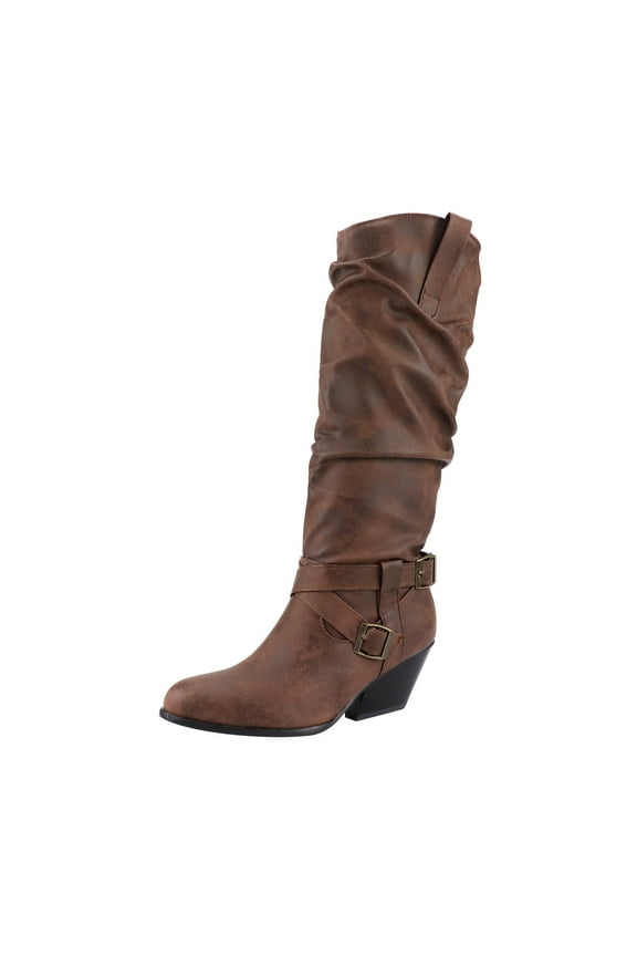 Boots for Teen Girls Retro Belt Buckle Knee Length Increased Warmth Thick Heel High US:7.5(40)