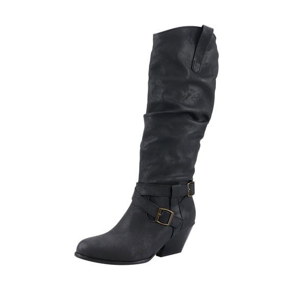 Fesfesfes Boots for Teen Girls Retro Belt Buckle Knee Length Increased Warmth Thick Heel High US:9.5(43)