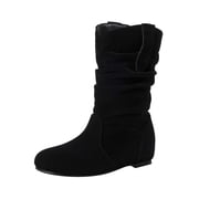 Fesfesfes Boots for Teen Girls Winter Elevated Wedge Heel Boots Mid Heel Wide Calf Boots Faux-Leather Shoes Slip On Boots 4.535
