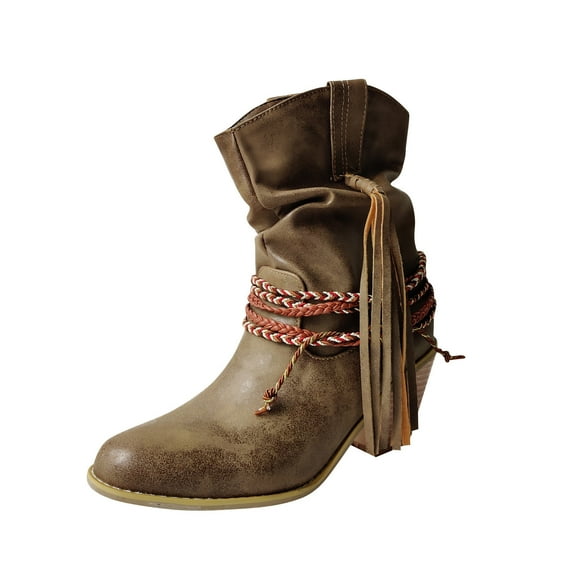 Fesfesfes Boots for Teen Girls Winter Solid Color Vintage Tassel Tied Sleeve Heel 7.5(40)
