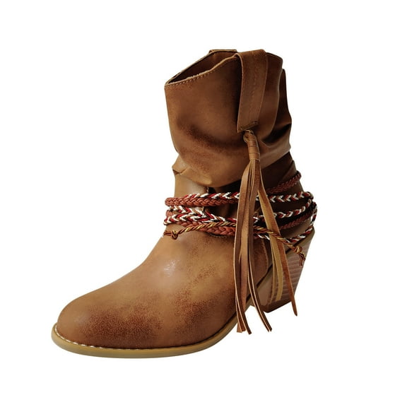 Fesfesfes Boots for Teen Girls Winter Solid Color Vintage Tassel Tied Sleeve Heel 9(42)