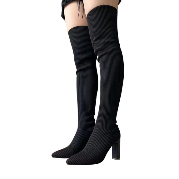 Fesfesfes Boots for Women Elastic Long Boots Over Knee Thick Heels Pointed Toe Slimming Boots Knitted Sock Shoes US:6.5(38)