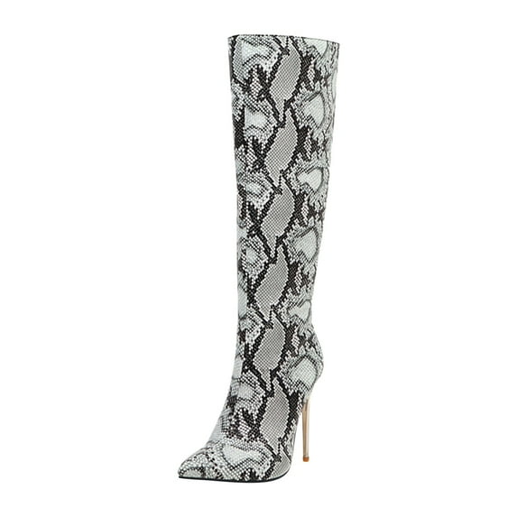 Fesfesfes Boots for Women Super High Heel Pointed Shoes Winter Leopard Print Snake Pattern Stilettos Knee-High Sexy US:4.5(35)