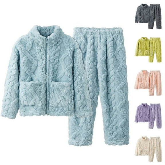 Fesfesfes Boy and Girls Outfits Childrens Flannel Round Neck Sleepwear Solid Long Sleeve Set Long Pants Thickened Home Clothes Set