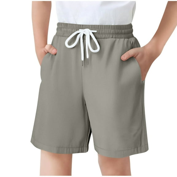 Fesfesfes Boys Casual Elastic Waist Drawstring Shorts with Pockets,Solid Color Summer Playwear for Active Children(Gray,9 Years)