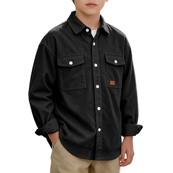 Fesfesfes Boys Corduroy Shirt Jacket Long Sleeve Button Down with Double Chest Pockets Relaxed Fit Casual Outerwear for School Outdoor Wear 4-14 Years