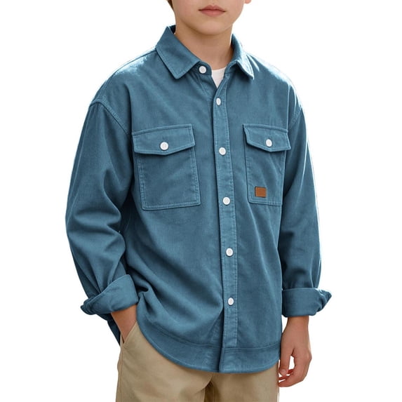 Fesfesfes Boys Corduroy Shirt Jacket Long Sleeve Button Down with Double Chest Pockets Relaxed Fit Casual Outerwear for School Outdoor Wear 4-14 Years