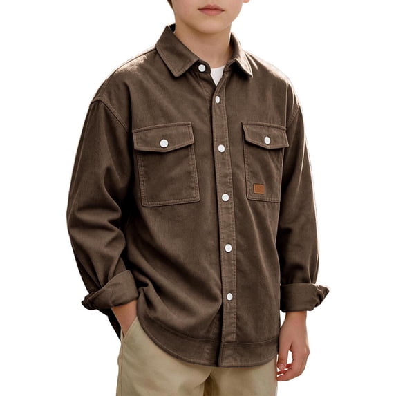 Fesfesfes Boys Corduroy Shirt Jacket Long Sleeve Button Down with Double Chest Pockets Relaxed Fit Casual Outerwear for School Outdoor Wear 4-14 Years