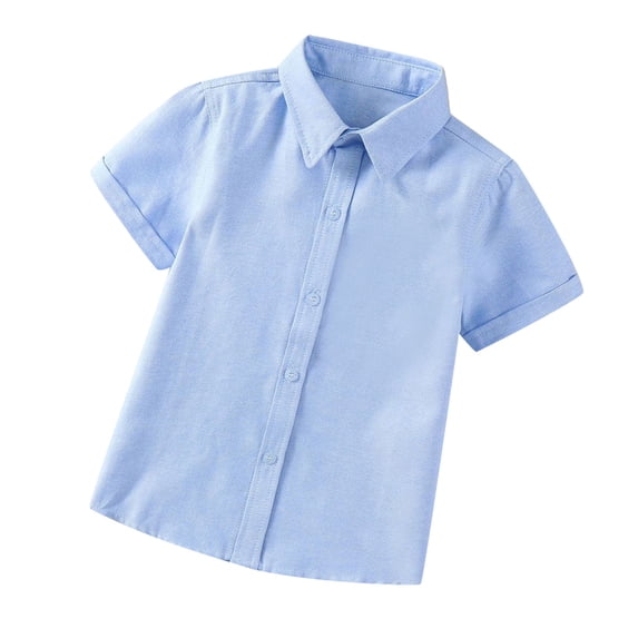 Fesfesfes Boys Cotton Dress Shirt Button Down Kids Short Sleeve Solid Color Blouse Gentleman's School Uniform Shirt(Blue,6-7 Years)