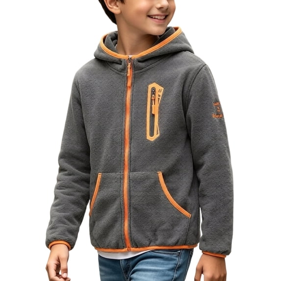 Fesfesfes Boys Double Sided Fleece Hooded Jacket Full Zip Contrast Trim ...