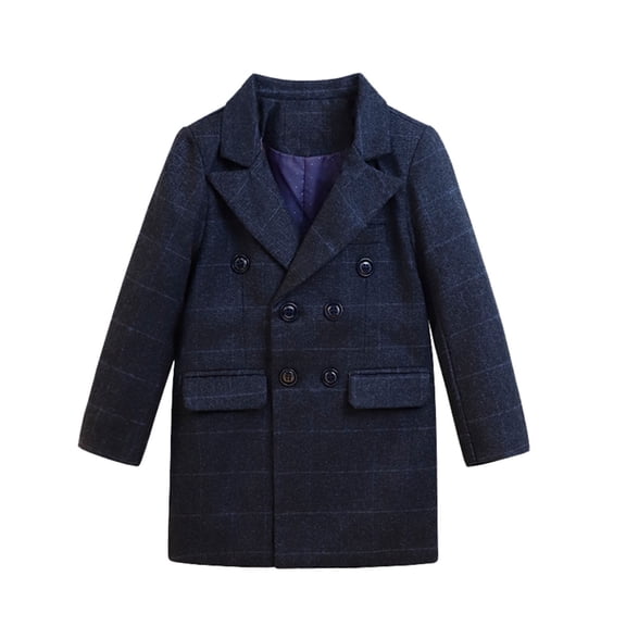 Fesfesfes Boys Fall Winter Long Wool Blend Coat Classic Checkered Pattern Stylish Tweed Overcoat Casual Jacket Dressy Blazer Outerwear for Kids(Blue,14 Years)