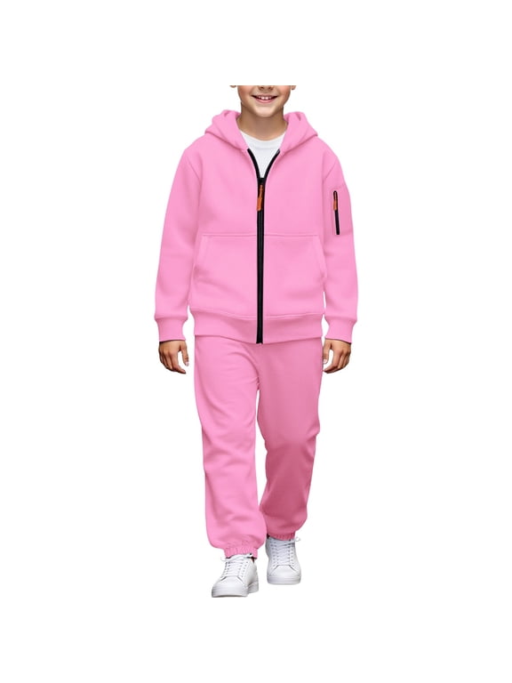 Boys Full Zip Hooded Sweatshirt and Straight Leg Pants Set with Kangaroo Pocket Casual Sportswear Two Piece Outfit for School Daily Wear