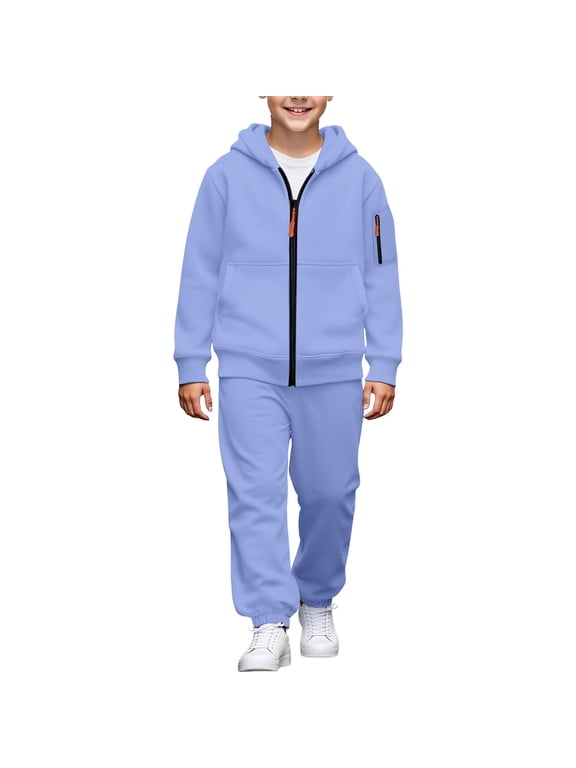 Boys Full Zip Hooded Sweatshirt and Straight Leg Pants Set with Kangaroo Pocket Casual Sportswear Two Piece Outfit for School Daily Wear