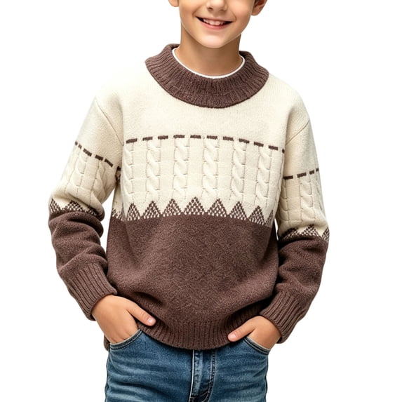 Fesfesfes Boys Geometric Pattern Knit Sweater Crew Neck Long Sleeve Color Block Pullover Top for School Daily Wear