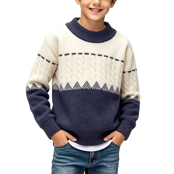 Fesfesfes Boys Geometric Pattern Knit Sweater Crew Neck Long Sleeve Color Block Pullover Top for School Daily Wear