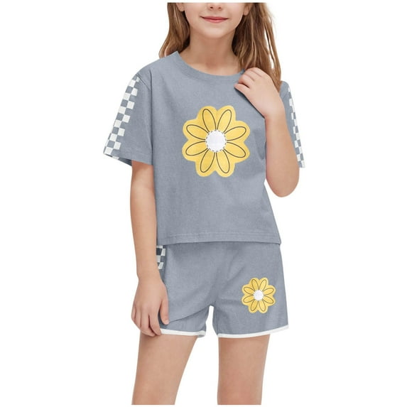 Fesfesfes Boys and Girls' Fashion Printed Short Sleeve Button-Down Top and Shorts Set Casual 2 Piece Summer Outfits,Round Neck Breathable Clothing Sets,Cute Playwear for Children(Gray#1,9 Years)