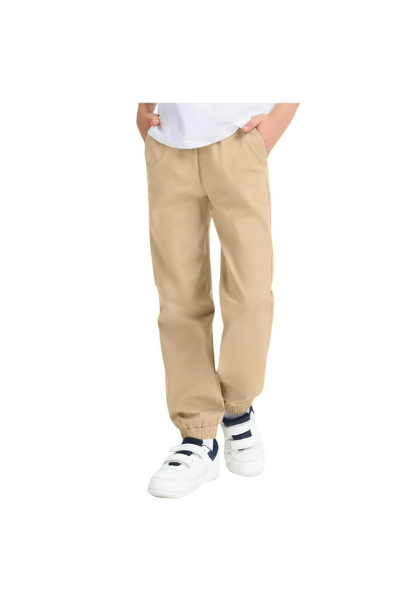 Boys Jogger Pants Solid Color Casual Cargo Pants with Side Pockets Pull On Elastic Waist Ankle Cuffs for Kids School Uniform Playwear Daily Wear Winter Trousers(Khaki,4-5 Years)