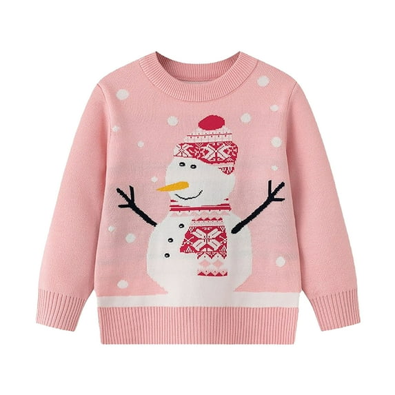 Fesfesfes Boys Knitwear Sweater Christmas Printed Children's Shirt Long Sleeved T-shirt Round Neck Top for Fall Winter Boys and Girls T-shirts(Pink#2,7-8 Years)