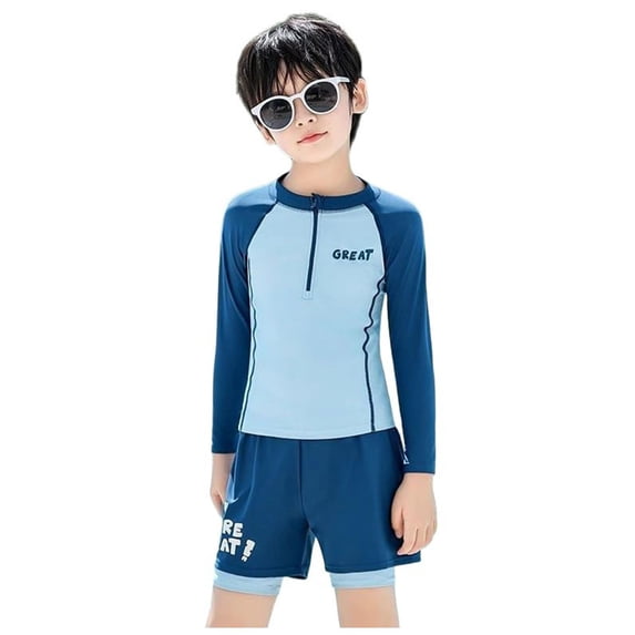Fesfesfes Boys Long Sleeve Rash Guard Two Piece Swimwear Set UV Protection Quick Dry Swim Suit for Kids Beach Pool Play Comfortable Active Wear Modest Swim Outfit(Blue,4-5 Years)