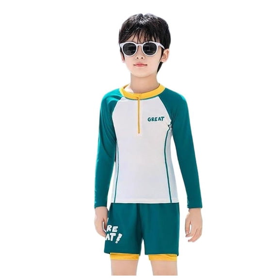 Fesfesfes Boys Long Sleeve Rash Guard Two Piece Swimwear Set UV Protection Quick Dry Swim Suit for Kids Beach Pool Play Comfortable Active Wear Modest Swim Outfit(Yellow,4-5 Years)