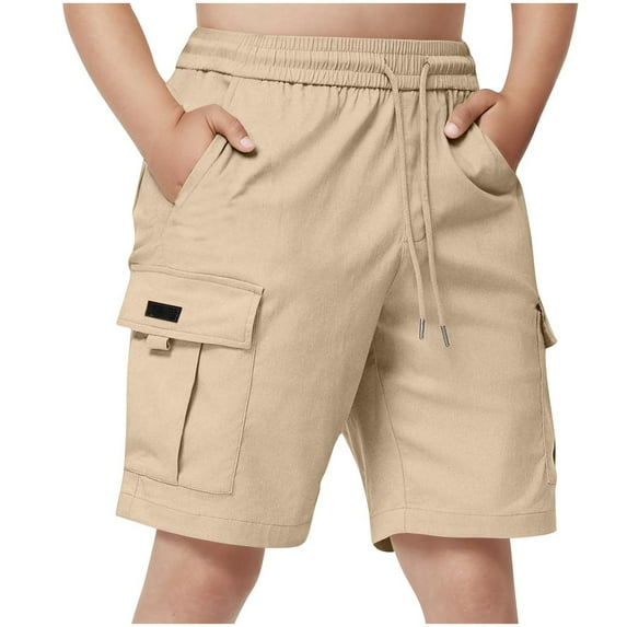 Fesfesfes Boys' Solid Color Casual Shorts with Pockets Elastic Waist Summer Work Pants Mid-Length Comfortable Outdoor Wear(Beige,14 Years)