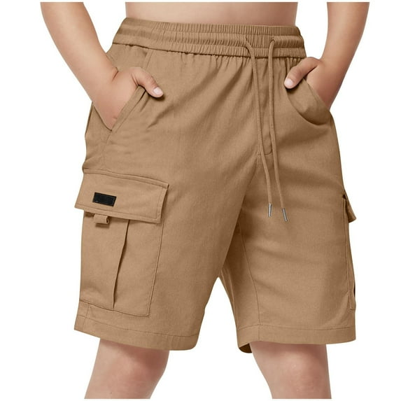 Fesfesfes Boys' Solid Color Casual Shorts with Pockets Elastic Waist Summer Work Pants Mid-Length Comfortable Outdoor Wear(Khaki,12 Years)