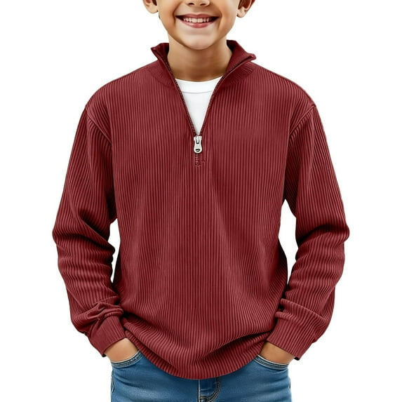 Fesfesfes Boys Solid Color Fashionable Stand Collar Zipper Long Sleeve Casual Loose Top for Kids Age 4 to 15 Years Trendy Comfortable Everyday Wear Pullover Jacket(Red,14-15 Years)