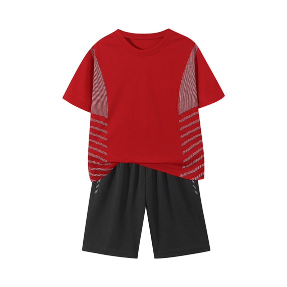 Fesfesfes Boys' Sports Suit Summer Outfit Comfortable Short Sleeve Top and Stretch Shorts Casual 2Pcs Play Clothes for Active Kids(Red,13 Years)