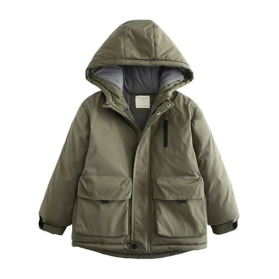 Fesfesfes Boys Winter Hooded Jacket Warm Fleece Lined Windproof Rainproof Parka Coat with Large Pockets Thick Outerwear for Kids Cold Weather Outdoor Activities(Army Green,12-13 Years)