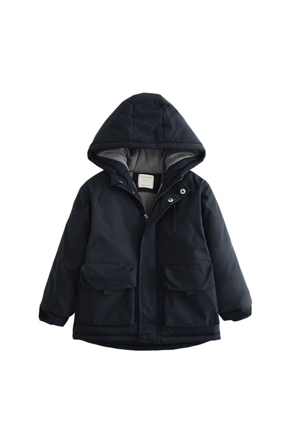 Boys Winter Hooded Jacket Warm Fleece Lined Windproof Rainproof Parka Coat with Large Pockets Thick Outerwear for Kids Cold Weather Outdoor Activities(Navy,3-4 Years)