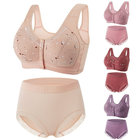 Fesfesfes Bras for Women Wireless Underwear Set for Women Printed Bras Casual Front Button Shaping Cup Wide Strap Underwire Bra Plus Size Bra Underwear Set