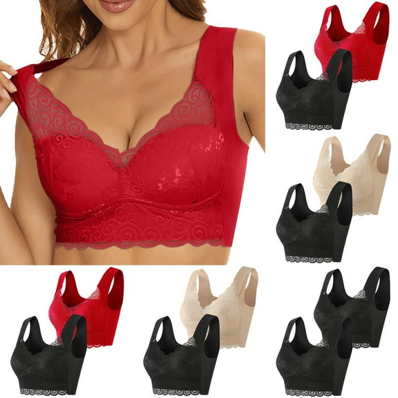 Fesfesfes Bras for Women Wireless 2Pack Ladies Lace Beauty Back Solid Strap Wrap Plus Size Bra Underwear