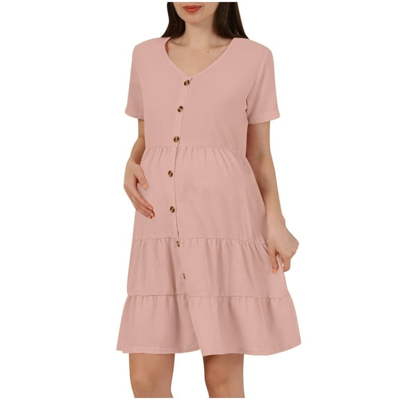 Fesfesfes Button Front Maternity Dress Short Sleeve Solid Color Casual Comfortable Pregnancy Dress for Women Breastfeeding Friendly(Pink,L)