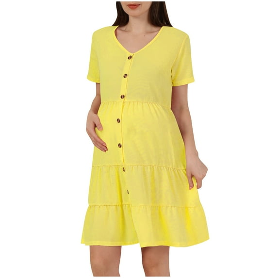 Fesfesfes Button Front Maternity Dress Short Sleeve Solid Color Casual Comfortable Pregnancy Dress for Women Breastfeeding Friendly(Yellow,L)