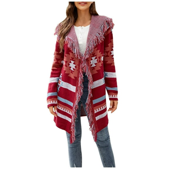 Fesfesfes Cardigan for Women Fall And Winter Long Sleeves Hooded Print Tassel Irregularity Knitted Sweater Cardigan Coat