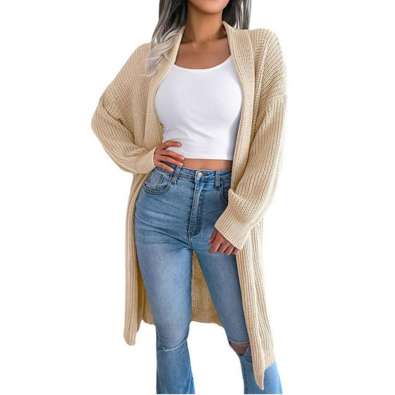 Fesfesfes Cardigan for Women Fall Winter Solid Lapel-Neck Long Cardigan Sweater Coat Tops Sale Items