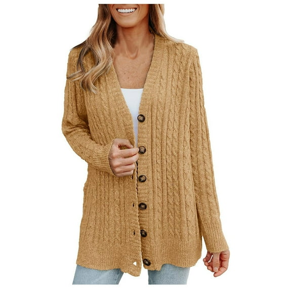 Fesfesfes Cardigan for Women Fashion Winter Solid Color Casual Long Sleeved Knitted Sweater Jacket Cardigan Top Fall Saving Sale