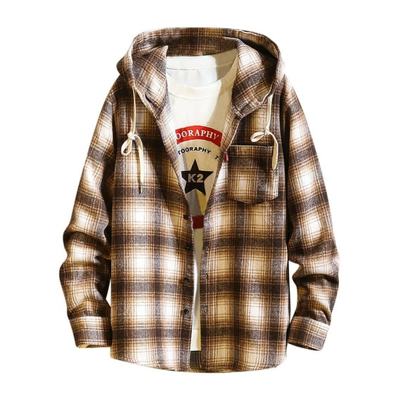 Fesfesfes Casual Jacket Men's Plaid Shirt Loose Long Sleeve Shirt Winter Coat Hooded Tops Outwear & Jackets
