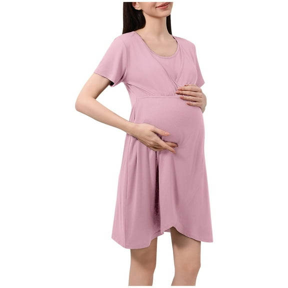 Fesfesfes Casual Maternity Dress Short Sleeve Round Neck Solid Color Comfortable Everyday Pregnancy Dress for Women Home Wear(Pink,S)