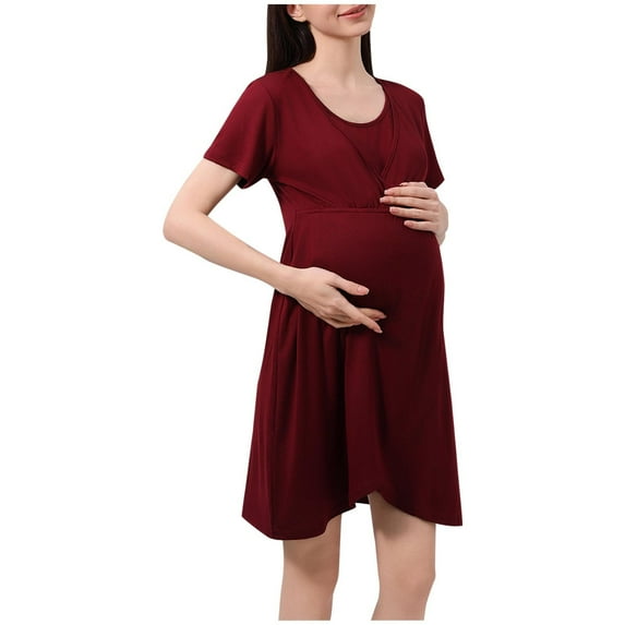 Fesfesfes Casual Maternity Dress Short Sleeve Round Neck Solid Color Comfortable Everyday Pregnancy Dress for Women Home Wear(Wine,M)