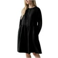 thumbnail image 1 of Fesfesfes Casual Round Neck Button Long Sleeve Cotton Linen Knee-High Dress Pocket Solid Dresses Sale Tops on Clearance, 1 of 5