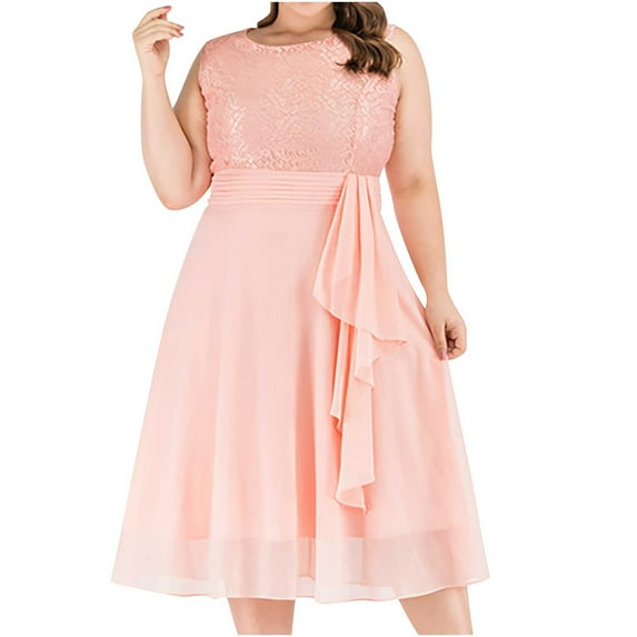 Fesfesfes Casual Round Neck Dress Sleeveless Round Neck Women Solid Women Gowns Chiffon Dress Mid-Calf Dresses Clothes Sale