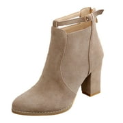 Fesfesfes Chelsea Boots Women Ankle Buckle High Heel Slip Pointed Toe Winter Chunky Ankle Back Zipper Shoes 739