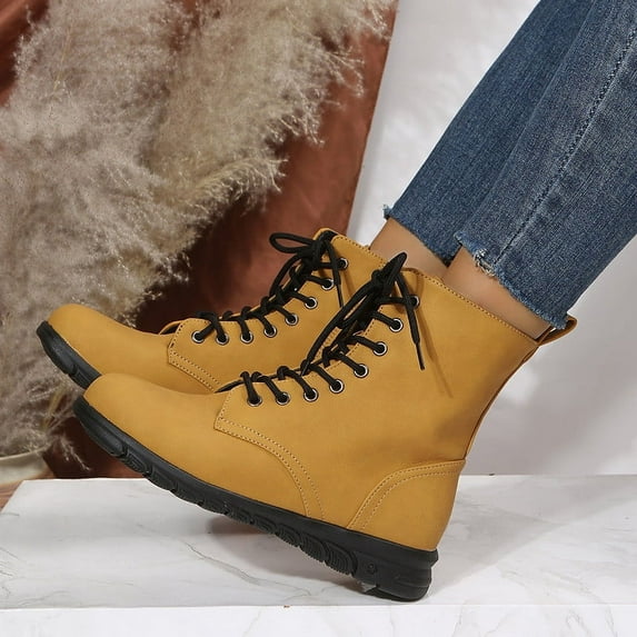 Fesfesfes Chelsea Boots Women British Style Solid Color Lace-up Boots Side Zip Casual Wedge Heel Boots 5.5(36)