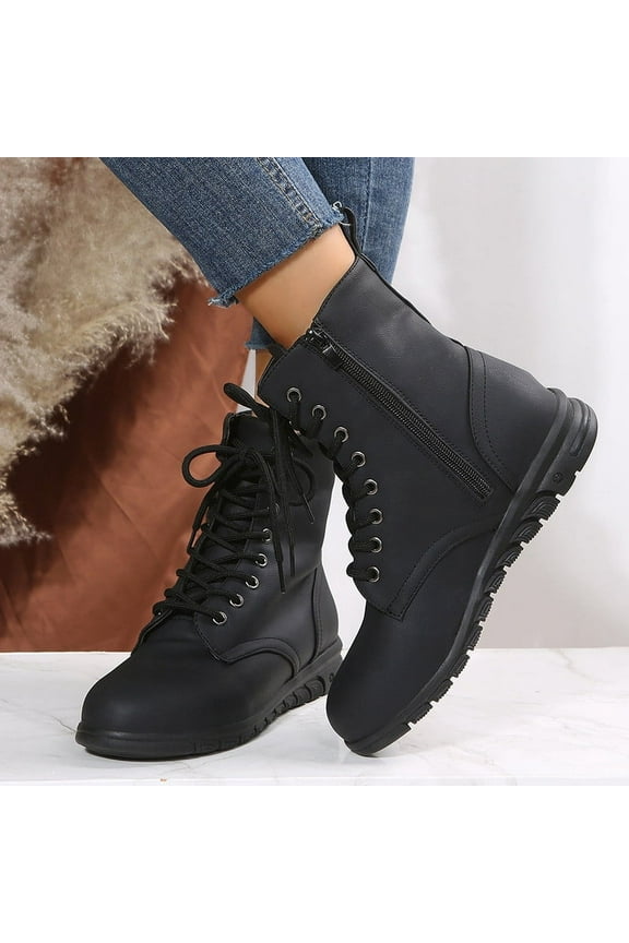 Chelsea Boots Women British Style Solid Color Lace-up Boots Side Zip Casual Wedge Heel Boots 7.5(40)