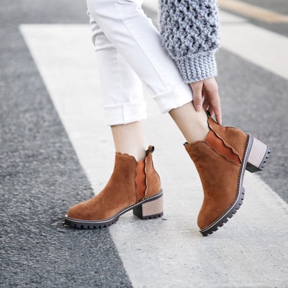 Fesfesfes Chelsea Boots Women High Heels Thick Heel Boots Fleece Pointed Toe Short Boots 7(39)