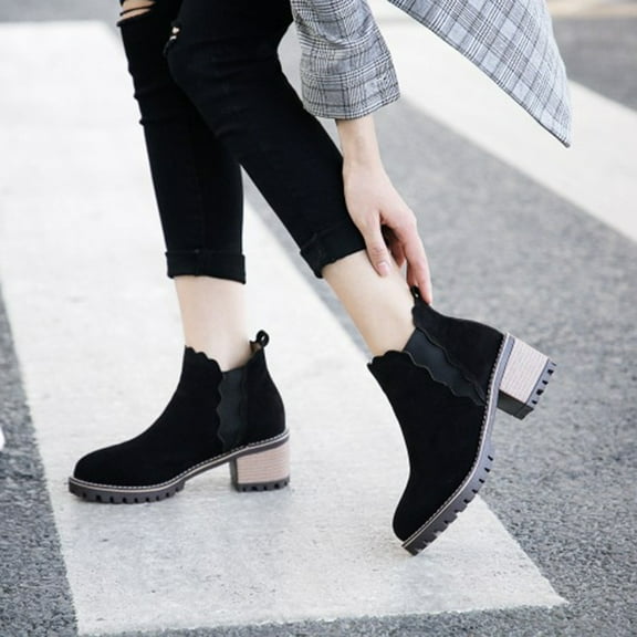 Fesfesfes Chelsea Boots Women High Heels Thick Heel Boots Fleece Pointed Toe Short Boots 9.5(43)